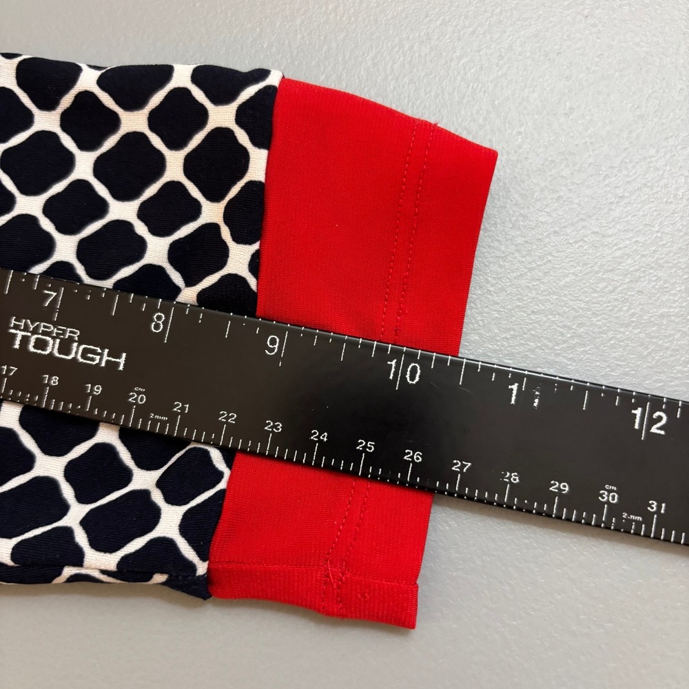 Navy White Geometric Print Sheath Dress Red Trim 4P Feminine Parisian Chic Retro - Picture 10 of 12